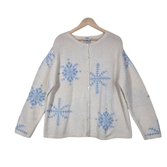 VTG Talbots Lambswool Angora Cardigan 1X Ivory Blue Snowflakes Holiday - Picture 1 of 14